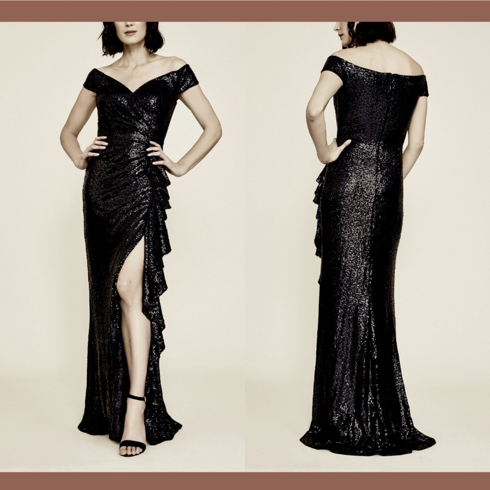 EUC Tadashi Shoji [ XL‎ ] Hurley Off Shoulder Sequin Gown in Black